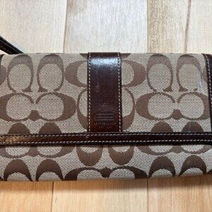 Coach Mongram Signature Brown Beige Canvas and Leather Wallet